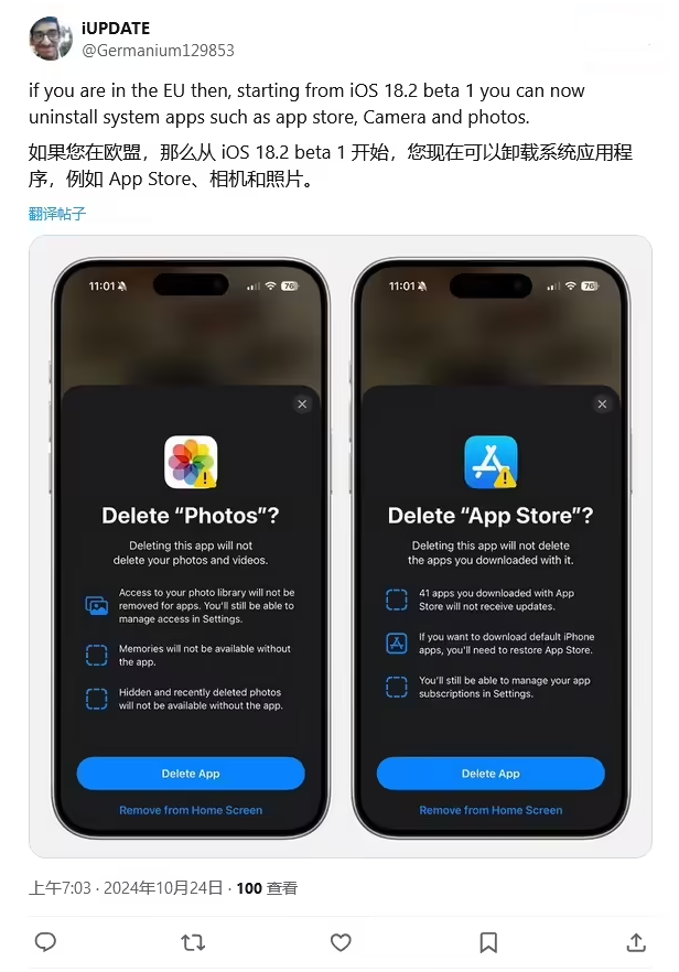黄浦苹果手机维修分享iOS 18.2 支持删除 App Store 应用商店 