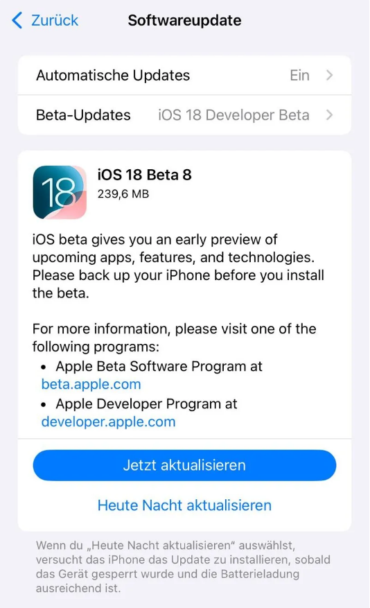 黄浦苹果手机维修分享苹果 iOS / iPadOS 18 开发者预览版 Beta 8 发布 